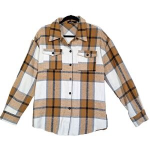 Trendy Queen Plaid Shacket Shirt Jacket Womens M Brown Tan White Long Sleeve‎